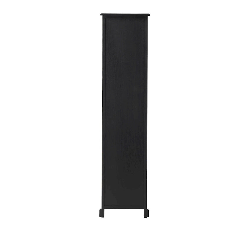 Meuble en bois noir avec 3 étagères et 2 tiroirs à façade en rotin, pin et MDF, 14x11x58 po