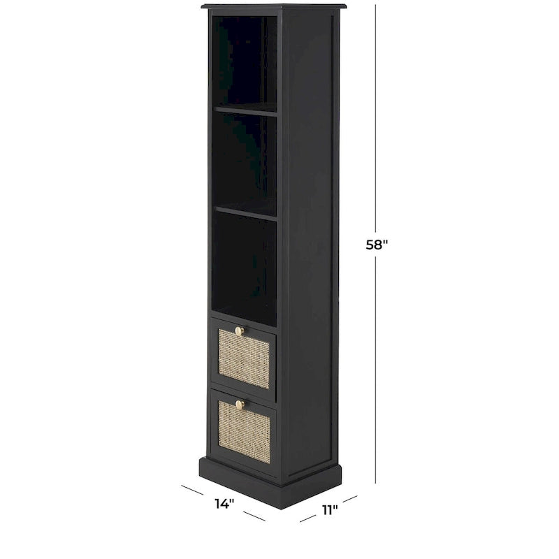 Meuble en bois noir avec 3 étagères et 2 tiroirs à façade en rotin, pin et MDF, 14x11x58 po