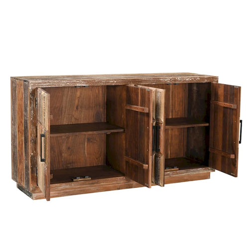 Bahut 4 portes en bois recyclé, finition vieillie et détails métalliques, style rustique