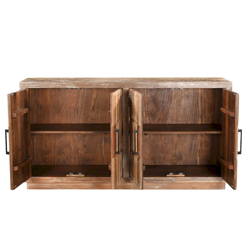 Bahut 4 portes en bois recyclé, finition vieillie et détails métalliques, style rustique
